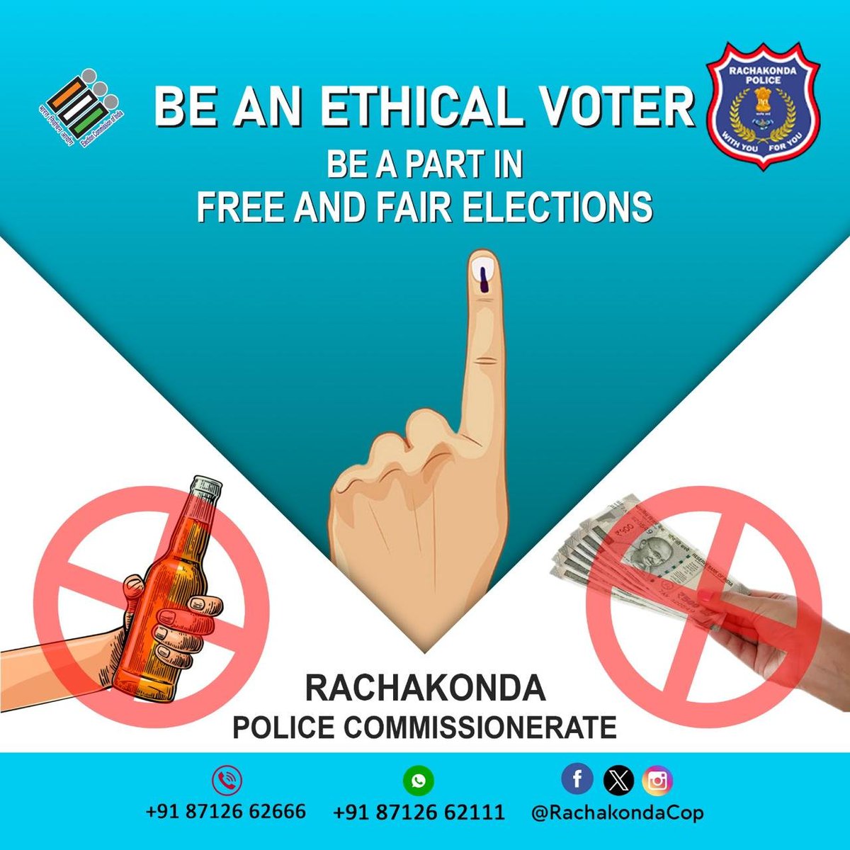 Be an ethical #Voter Be a part in #free and #fair #elections #LokSabhaElections2024 #Elections2024 #VoterAwareness #RachakondaPolice @TelanganaCOPs @CEO_Telangana @ECISVEEP @SpokespersonECI @Collector_YDR @CollectorRRD @Collector_MDL @DcpMalkajgiri @DCPLBNagar @DcpBhongir…