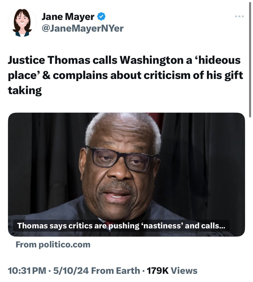 Here’s an idea, Clarence: RESIGN and drive your $400K mobile home—that was also gifted to you by a billionaire with matters before the court—as far away from Washington as possible. We’ll even help you and Ginni pack.