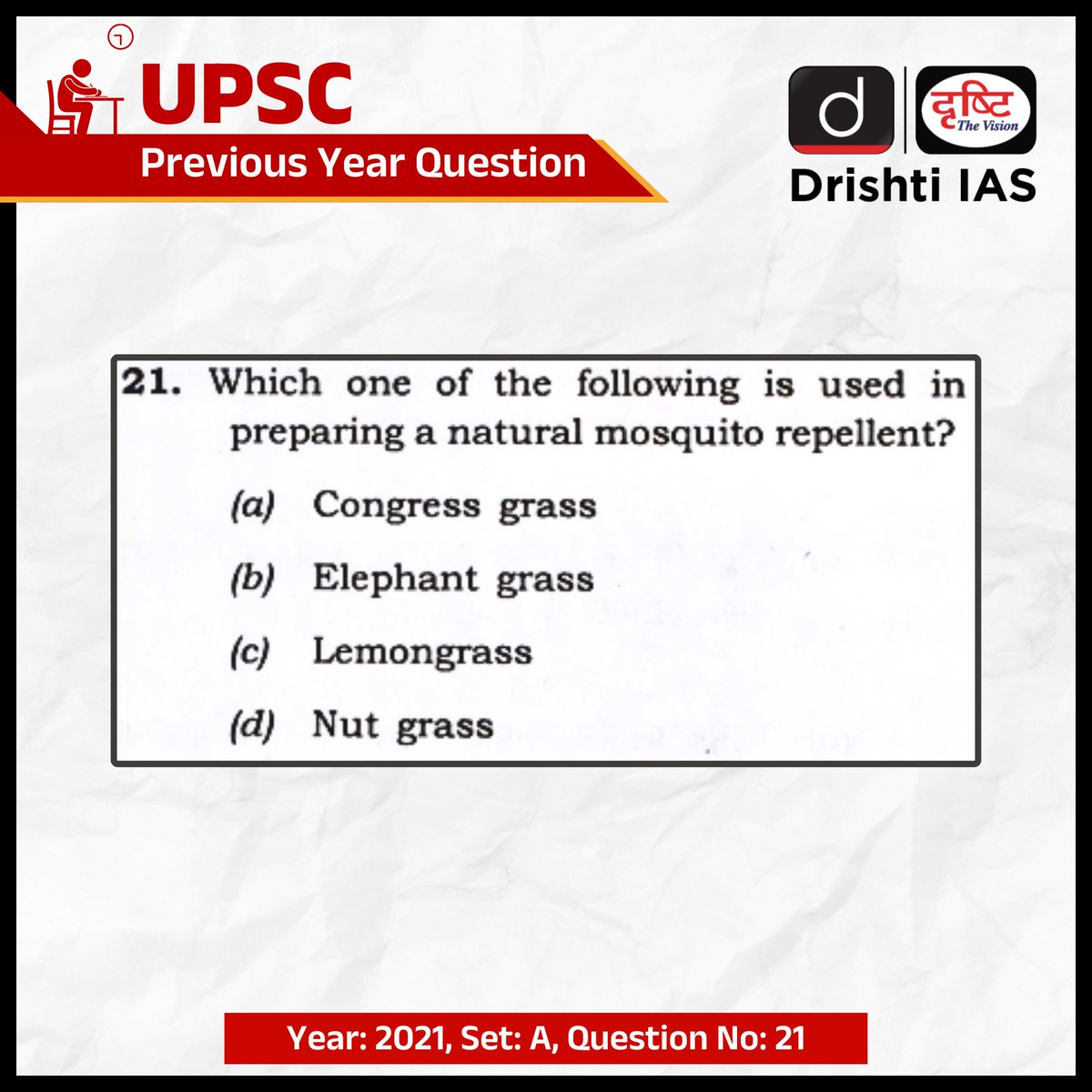 Here is a #Question for you from #CivilServices Preliminary Examination- 2021

We will pin the correct answer in the comment box the next day.

#PrelimsSuccessWithDrishtiIAS #PrelimsWithDrishtiIAS #Prelims2024 #PYQ #UPSC #UPSC2024 #IAS #CSE #Prelims #DrishtiIAS #DrishtiIASEnglish