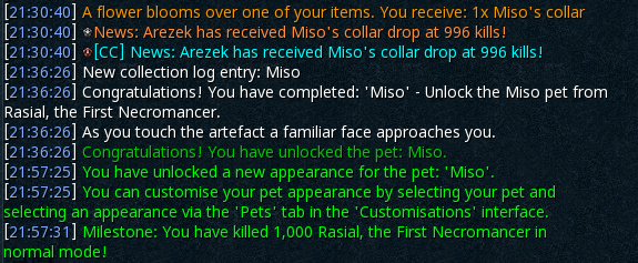 ArezekRS's tweet photo. There must be something in the water, there is no way my RNG is this good! 2 boss pets in 2 days! 😂 Got the ghost version shortly after with the 1k kc milestone 🥰 Officially necro top off log! 🖤 @RuneScape #Miso #Rasial #1000kc https://t.co/n5pzNVSTqC