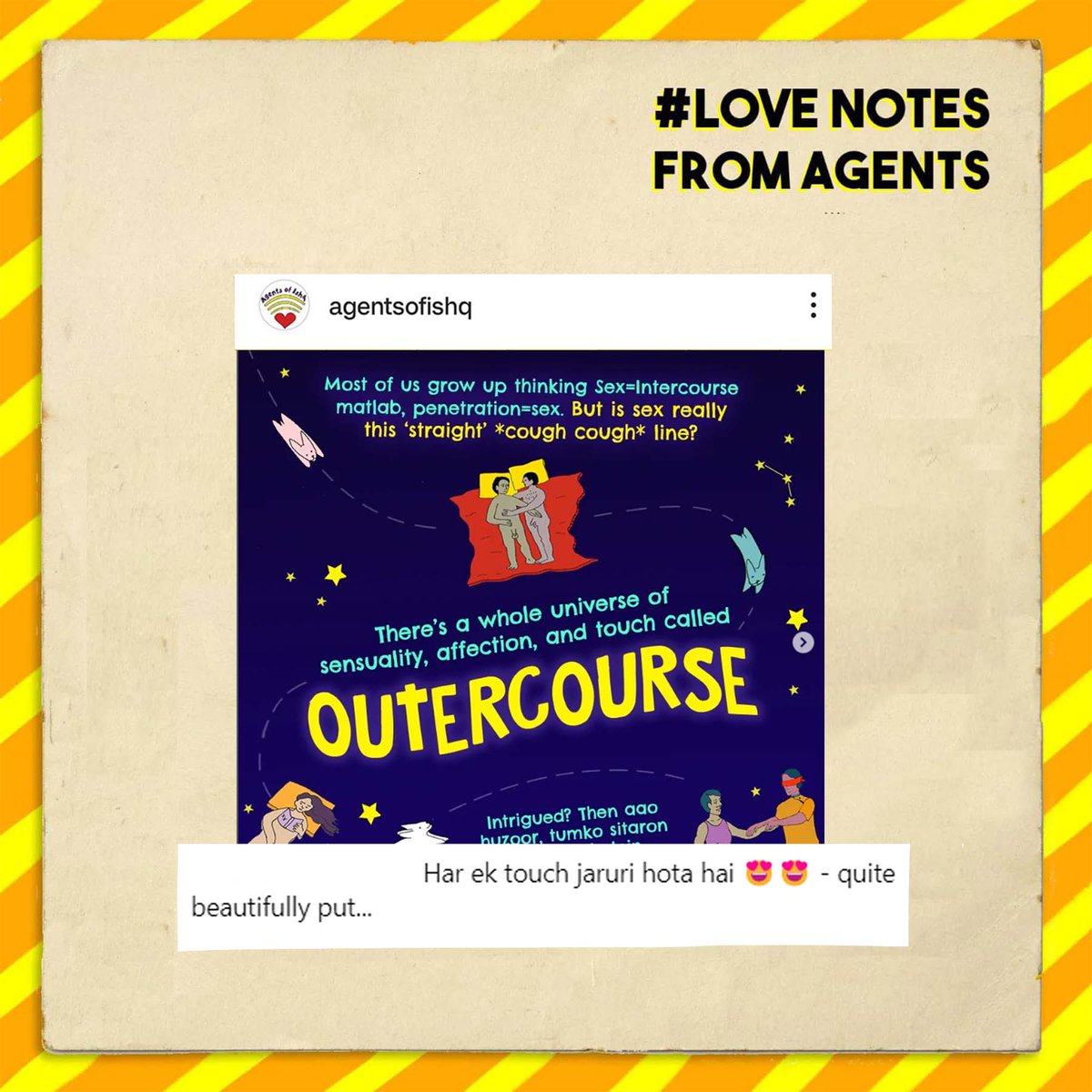We love that you loved our post on outercourse! Here's to expanding our understanding on all things sex and desire, together. Thanks, Agents! #LoveNotes #ComplimentsforAOI #AgentsKiAwaaz #Gratitude #LoveNotesFromAgents