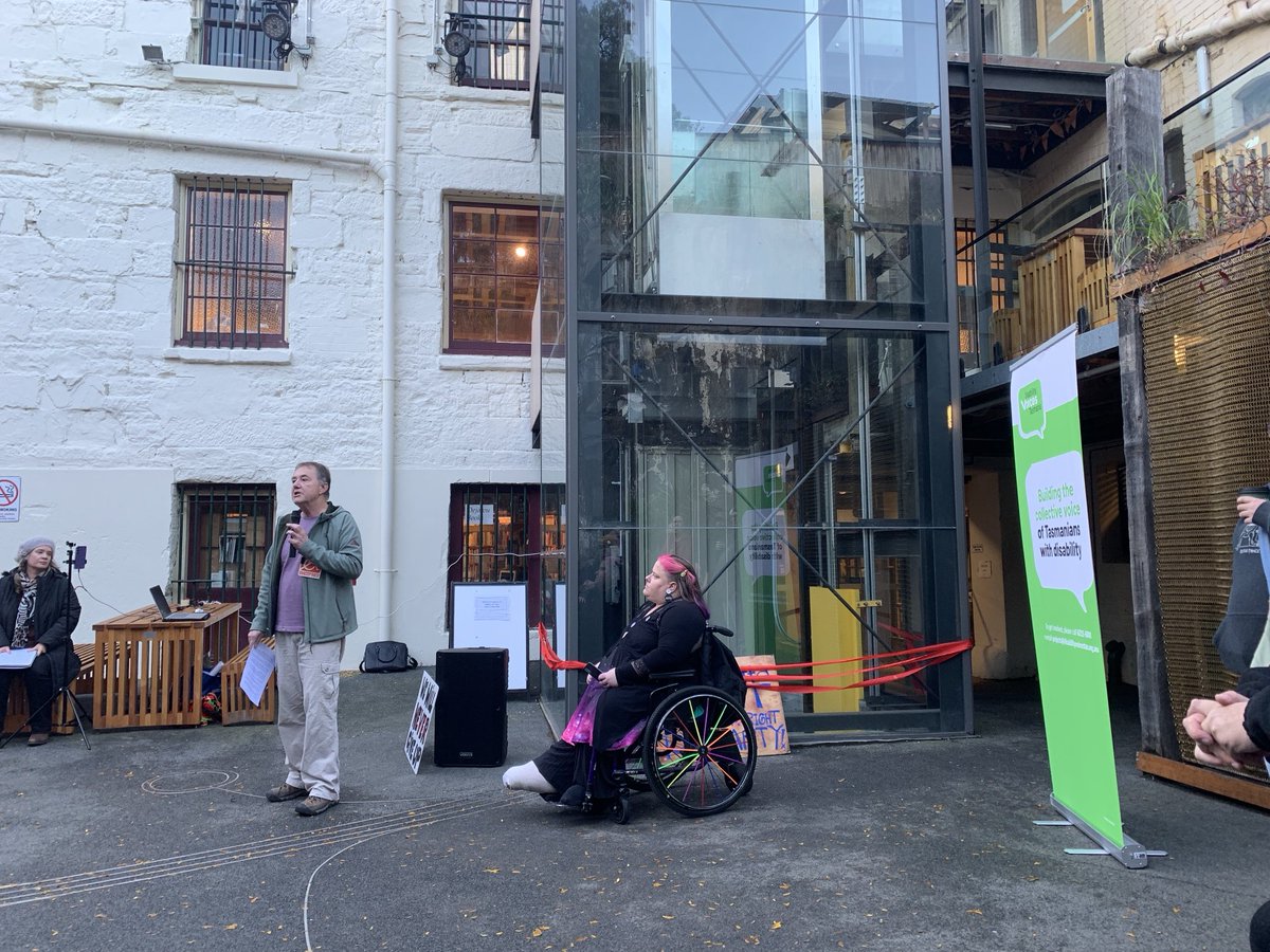Michael Small speaking at the #DisabilityRights rally ⁦@salarts⁩ Salamanca Arts Centre about the urgent need to #FixTheLift … 6 months of inaccessible to arts and artists’ spaces and counting ⁦@Graemeinnes⁩ ⁦@RosemaryKayess⁩