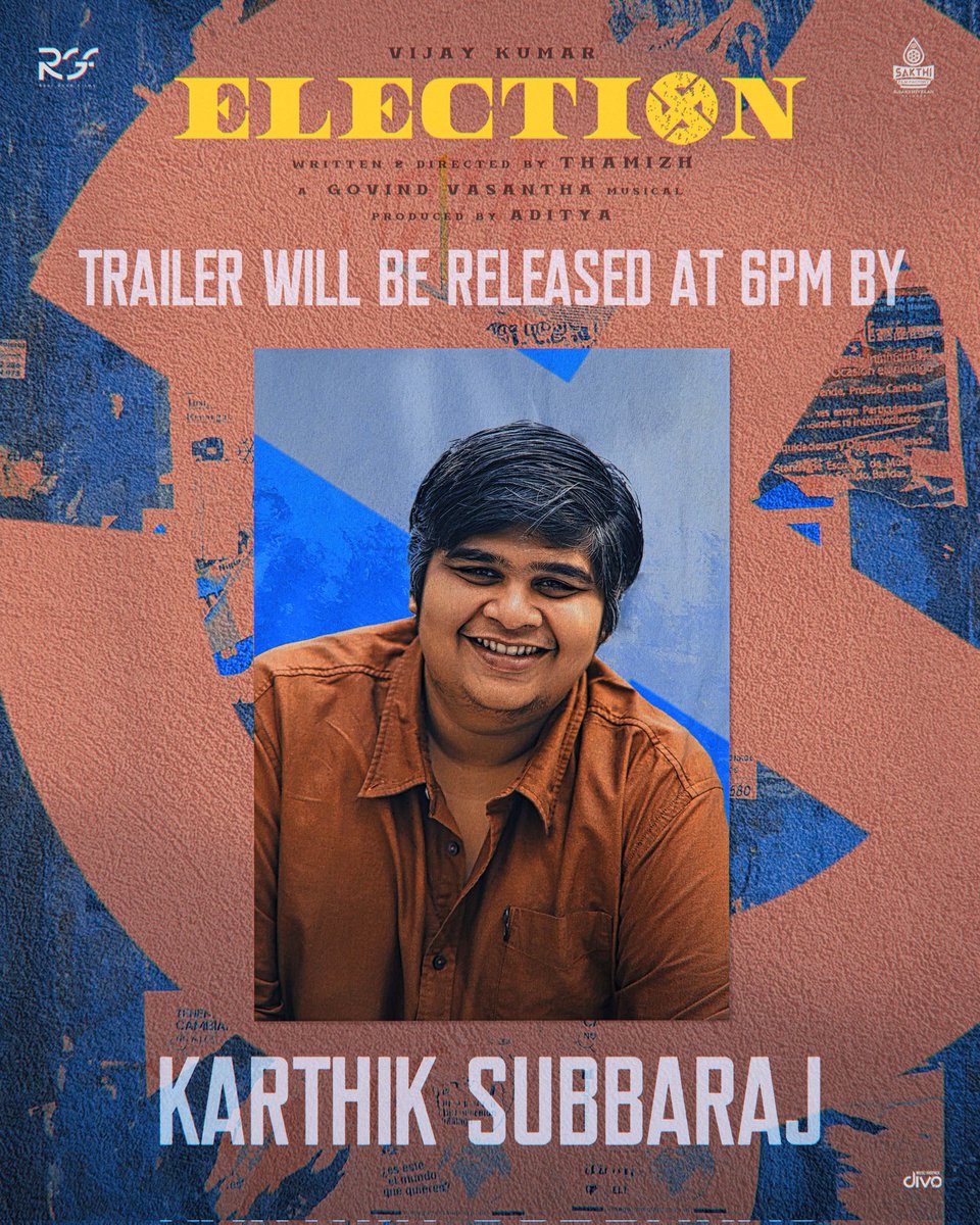 The gripping trailer of #ElectionMovie will be launched by Director <a href="/karthiksubbaraj/">karthik subbaraj</a> today at 6 PM, Stay tuned! 

#ELECTIONfromMay17 in theatres Worldwide - #RGF02 #ELECTION

<a href="/Vijay_B_Kumar/">Vijay Kumar</a> <a href="/reelgood_adi/">A</a>  <a href="/reel_good_films/">Reel Good Films</a> #Thamizh <a href="/preethiasrani_/">Preethi Anju Asrani</a> #GovindVasantha <a href="/Aperiyavan/">Azhagiya Periyavan</a>