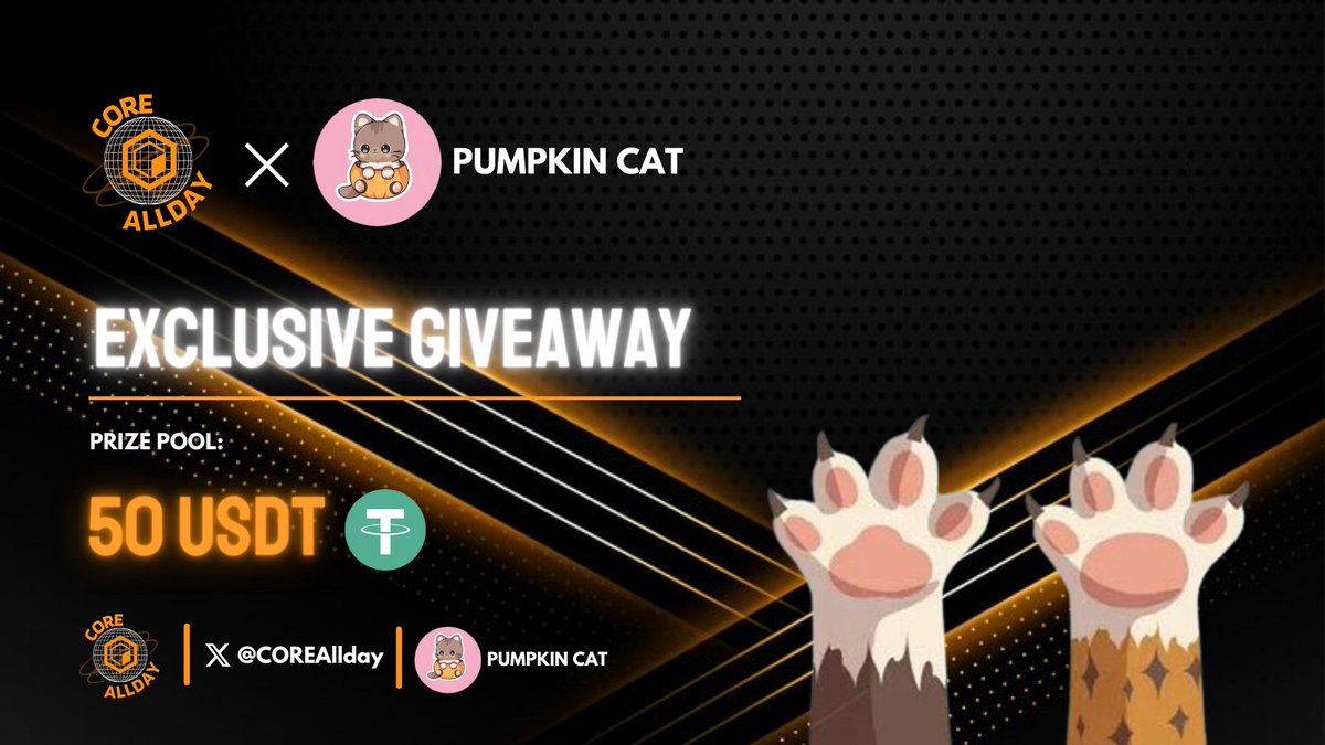 😽 We're pleased to partner with @COREAllday, the leading media on #COREChain!

🚀 We're hosting a giveaway with them of $50 USDT to celebrate the collaboration with them

✅ Follow @COREAllday and @PumpkinsCat
✅ Like and Retweet
✅ Drop #CORE Address

🚀🎃 Let's PUMPKIN This