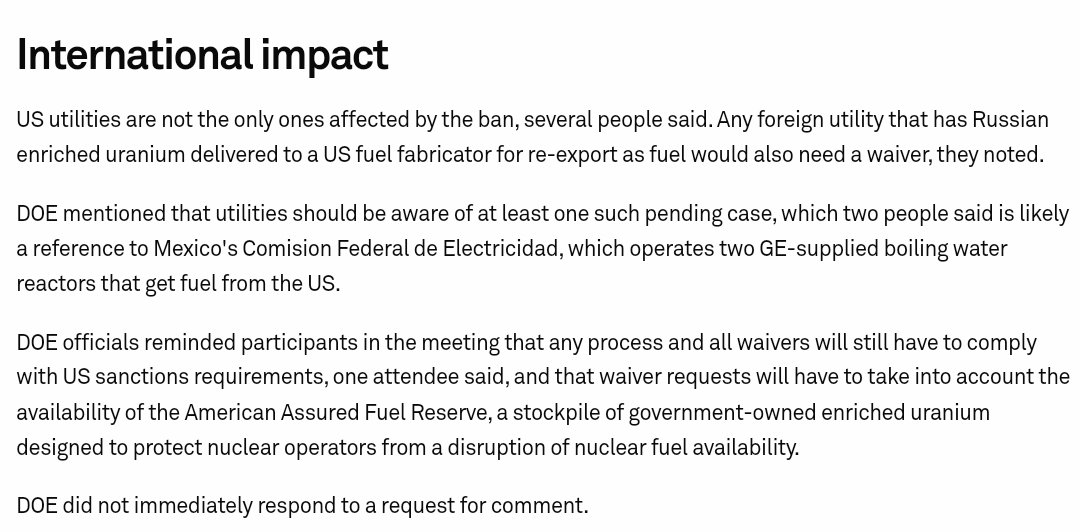 ⚡An added twist to the imminent law prohibiting imports of Russian #Uranium into the US🥨 is its impact on non-US #Nuclear utilities who have been having EUP shipped from Russia to the US for fabrication into reactor fuel.🏭 Those imports will be blocked too!🇷🇺⚛️⛔🇺🇲😱🤠🐂