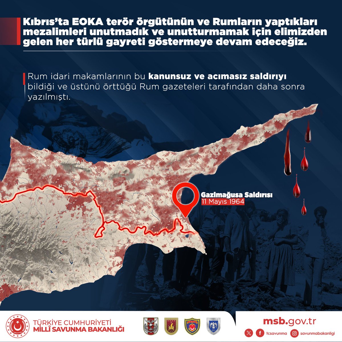 GAZİMAĞUSA SALDIRISI
11 MAYIS 1964 

◾️ Rum polisi ve Yunanlı üç asker, Mağusa’nın Türk kesimine geldiğinde Türk polisler tarafından durdurulmak istenmiş ama Rum ve Yunanlılar bu isteğe karşı silahlarına davranarak Türklere ateş açmıştır. Bu çatışma esnasında Rum ile Yunanlı iki