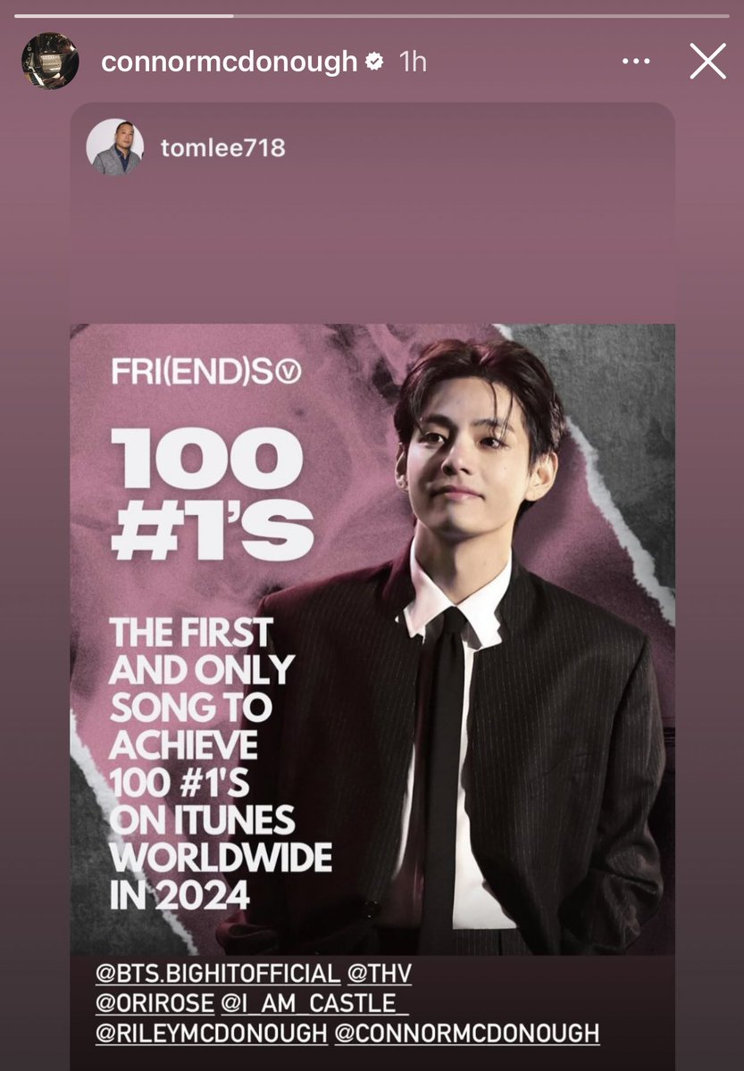 One of fri(end)s producers reposted on his IG story about taehyung’s fri(end)s being the first song to achieve 100 #1s on iTunes worldwide in 2024 🥹