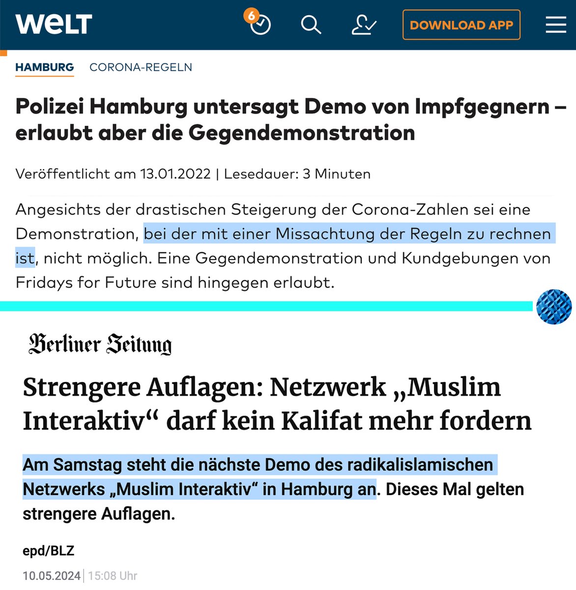 Eine „Demo von Impfgegnern“ wurde in Hamburg im Januar 2022 verboten, weil mit einer Missachtung der Regeln gerechnet wurde. „Muslim Interaktiv“ darf heute wieder in Hamburg demonstrieren.