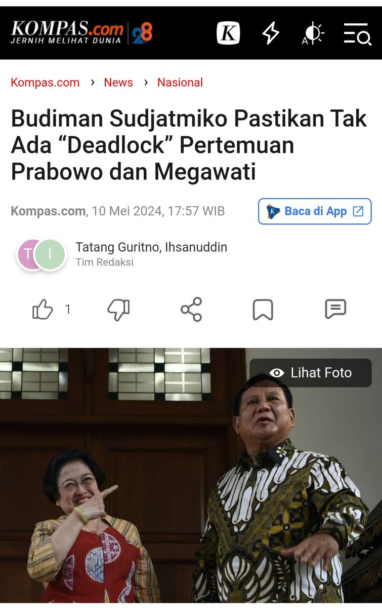 Tak ada jalan buntu untuk pertemuan Prabowo dan Megawati. Tinggal tunggu waktu. Jadi kemaren yang kemlinthi dan kemajon sudah deklarasi jadi oposisi bakalan gigit jari dong dipojokan 🤪