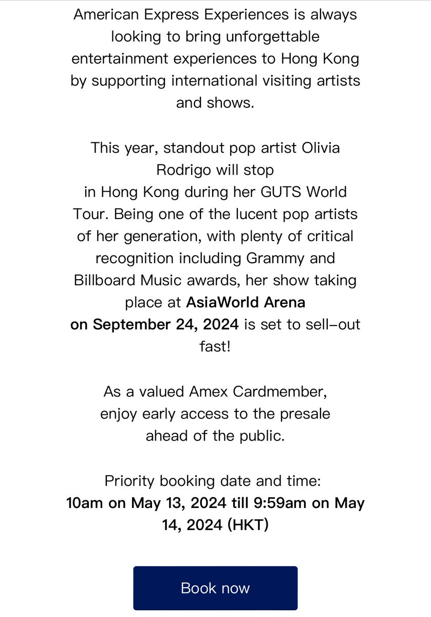 🇭🇰💳👩‍🎤 Amex card holders can book tickets for Olivia Rodrigo's Hong Kong concert before Live Nation members. Tickets for Amex go on sale at 10am on Monday (May 13th)