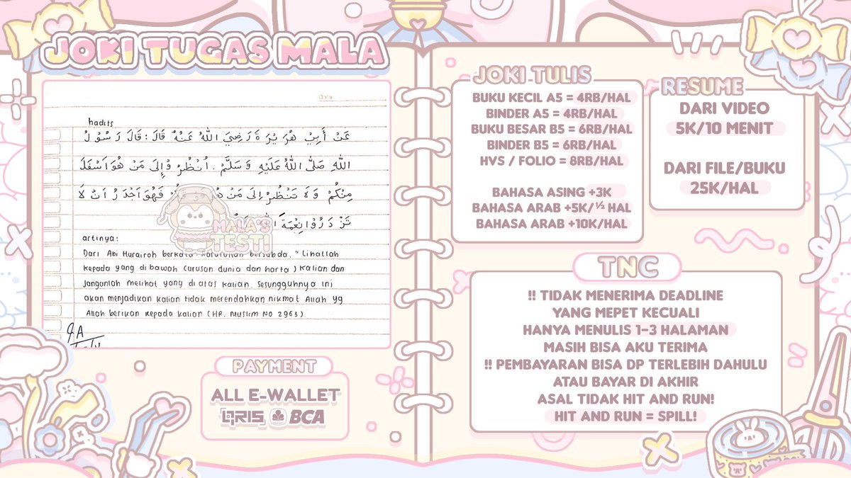 drunkittyz's tweet image. selamat siang 👋👋 kalian kalau ada yang lagi cari joki tulis bisa banget nihh langsung wa aku ajaah. udah ada banyak testi dan langganan juga lho 🙀😻❤️‍🔥 #zonauang #jokitulis #jokitugas

testi bit.ly/3kxe0Rw
order by whatsapp:
📎 wa.me/6285782911079