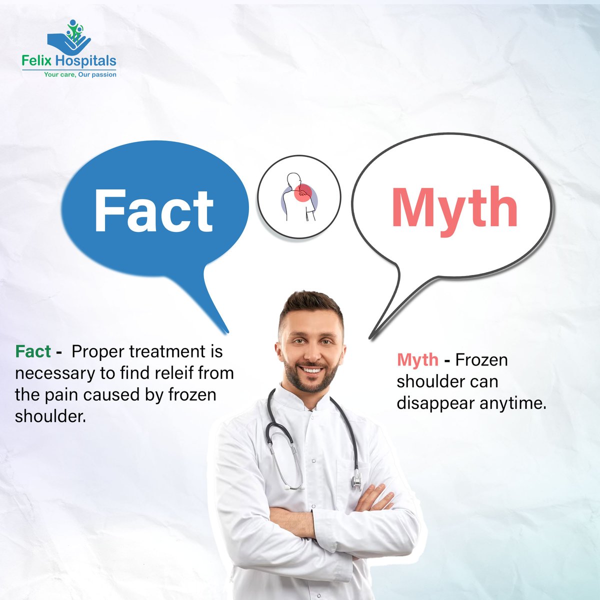 Physiotherapists treat frozen shoulder with exercises and therapy to reduce pain and restore movement. Early treatment speeds up recovery. Trust your physiotherapist to help you move freely again. #excercise #therapist #PainRelief #myth #mythandfact #medicine #facts