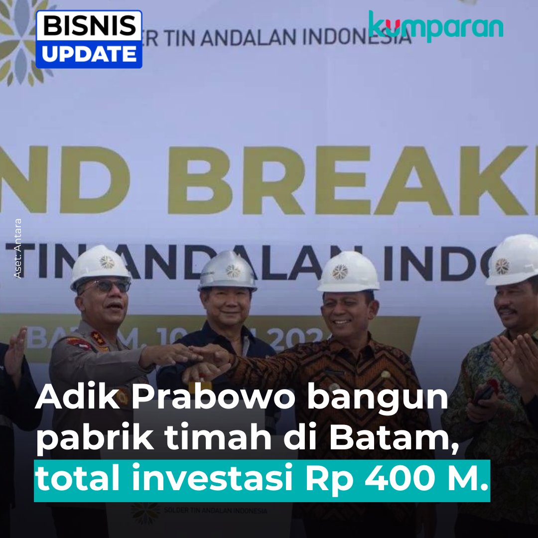 Adik dari Presiden terpilih Prabowo Subianto, Hashim Djojohadikusumo, memulai pembangunan pabrik timah di Batam, Kepulauan Riau. Pembangunan dilakukan melalui PT Solder Tin Andalan Indonesia (STANIA). #bisnisupdate #update #bisnis #oneliner bit.ly/4aexCS0