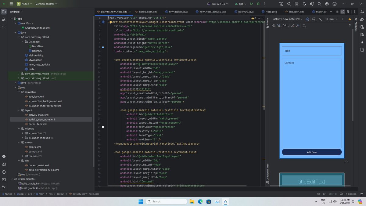 notprithviraj's tweet photo. Exciting progress on my Notes App project! Just completed designing the frontend using RecyclerView & CardView for a sleek UI. Also crafted a custom adapter for seamless data display. #AndroidDev #UIUX #AppDevelopment #buildinpublic #AndroidStudio #AndroidUI https://t.co/TPFiJCySEY