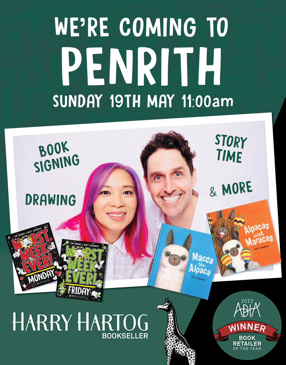 Next Sunday, May 19, @EvaJanetAmores & I will be popping in to @harry_hartog Penrith as part of their epic 1st birthday celebrations! At 11am there will be a Macca the Alpaca storytime & drawing demonstrations followed by Worst Week Ever fun & book signing. See you there! 📚❤️