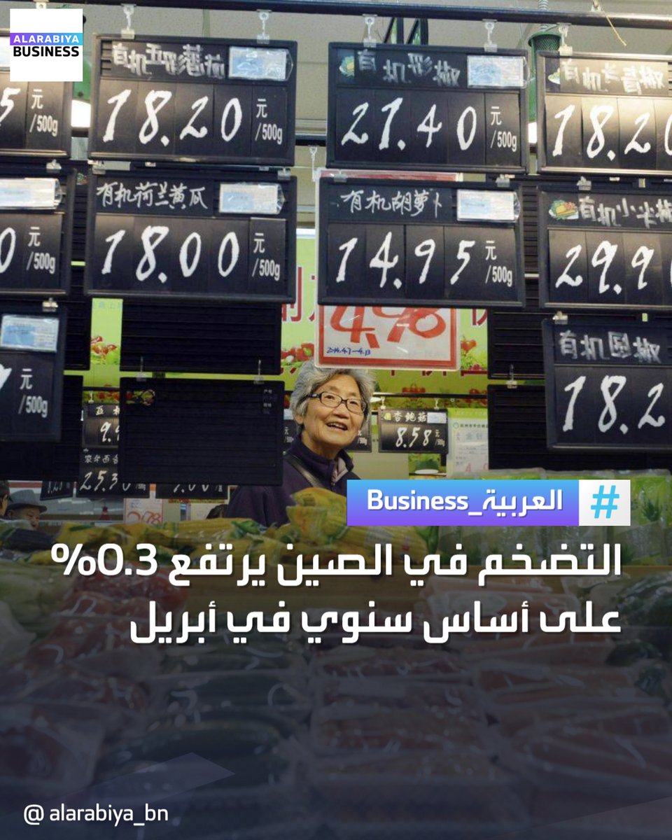 #التضخم في #الصين يرتفع 0.3% على أساس سنوي في أبريل وفق المكتب الوطني للإحصاءات الصيني، ويأتي أعلى من متوسط توقعات المحللين المقدرة عند 0.2% #العربية_Business