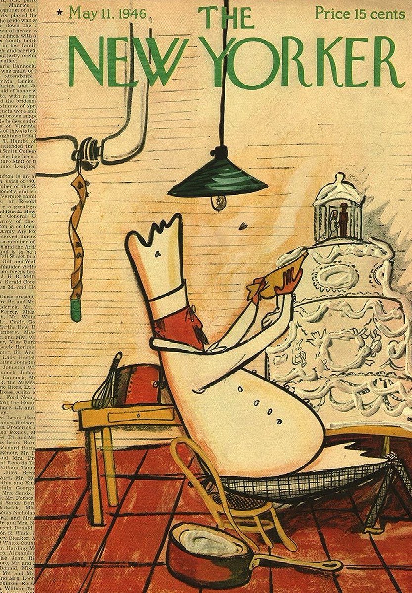 #OTD in 1946 Cover of The New Yorker, May 11, 1946 Ludwig Bemelmans #TheNewYorkerCover #LudwigBemelmans #weddingcake #pastrychef #weddings #flies #flypaper #cakedecoration #icing