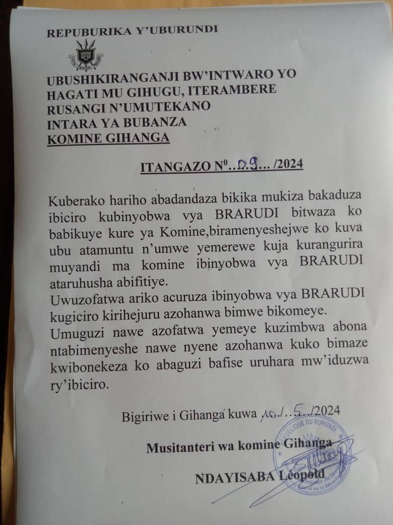 🚨 L'admicom de #Gihanga (@BubanzaProvince) interdit l'approvisionnement des produits de @brarudi_sa en dehors de Gihanga, souvent prétexte d'une vente à un prix supérieur au prix administré. Lit-on dans un communiqué publié ce 10/05/2024

📌 Par conséquent, précise le…