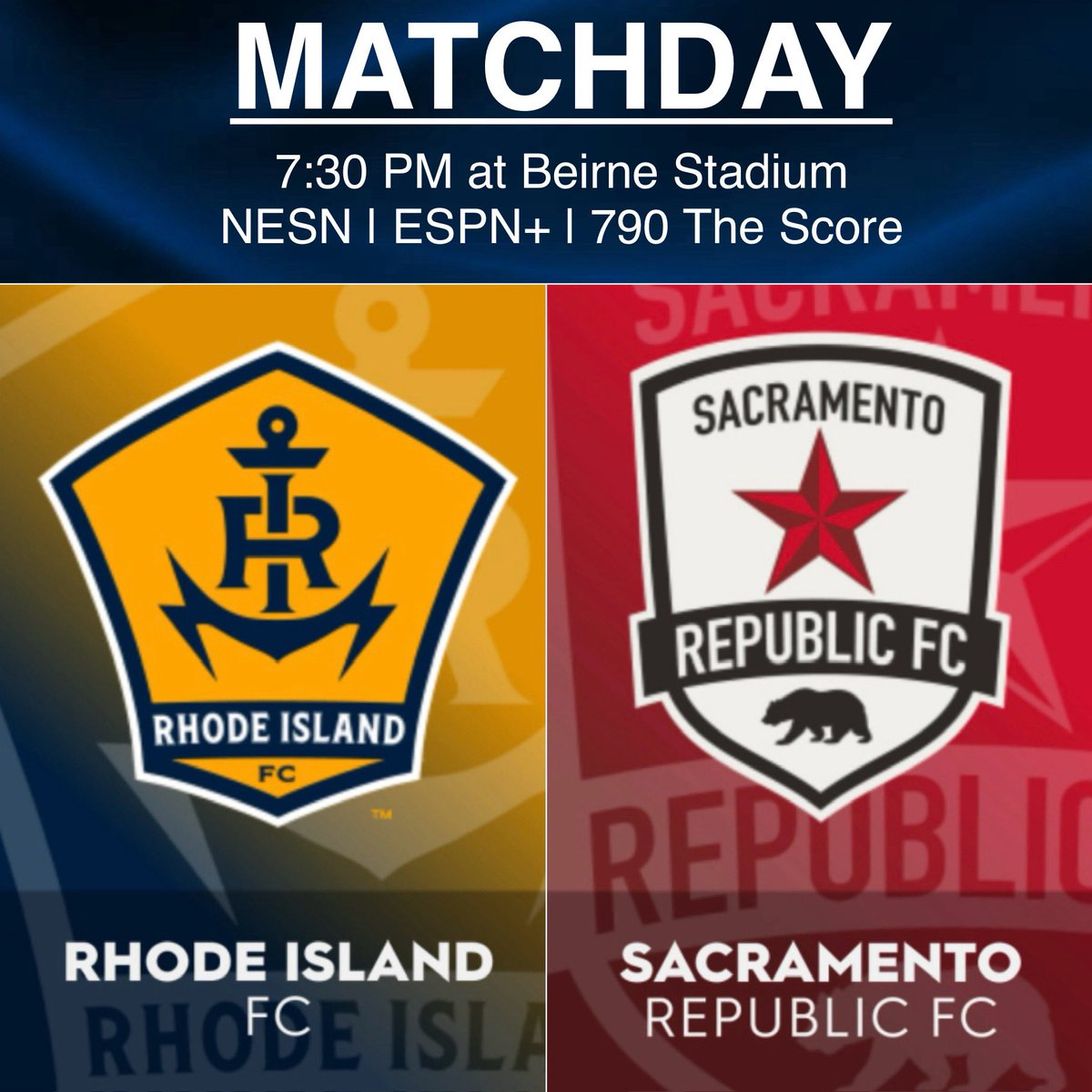 9️⃣ MATCHDAY 9:

⚓️ Rhode Island FC vs Sacramento Republic

⏰ 7:30 PM ET
🏟️ Beirne Stadium
📍 Smithfield, RI
📺 NESN
💻 ESPN+
📻 790 The Score

⚽️ 2024 USL Championship Season

#RIvSAC #RIFC #USL