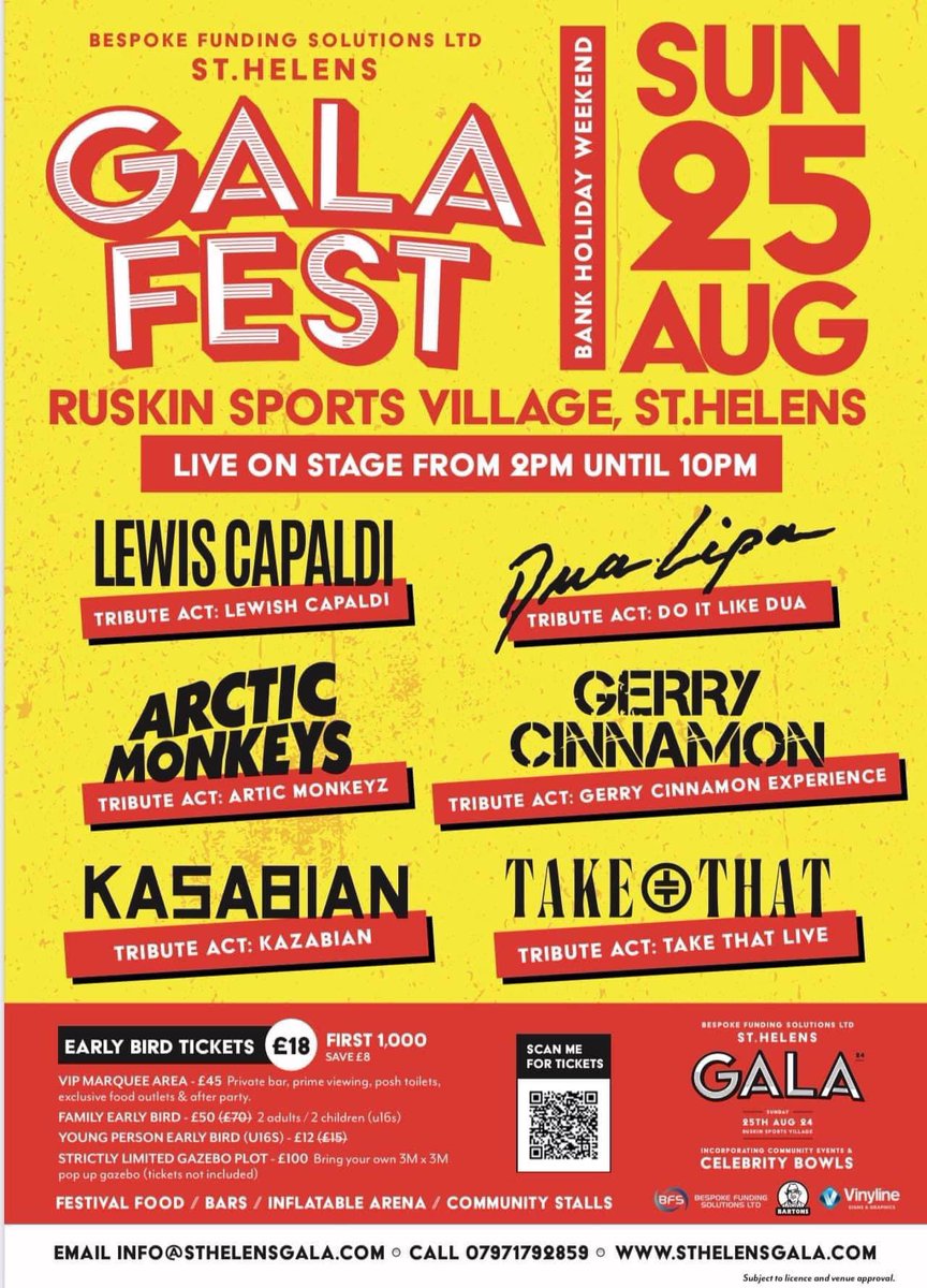 @sthelensgala 2024 @ruskinsthelens £18 #EarlyBird tickets Family tickets of 2 Adults & 2 Kids are £50 8 Gazebo Plots remain at £100 9 VIP tickets left @£45 Sponsorship Options available includes VIP tickets for 10 people! To book ur tickets go to sthelensgala.com