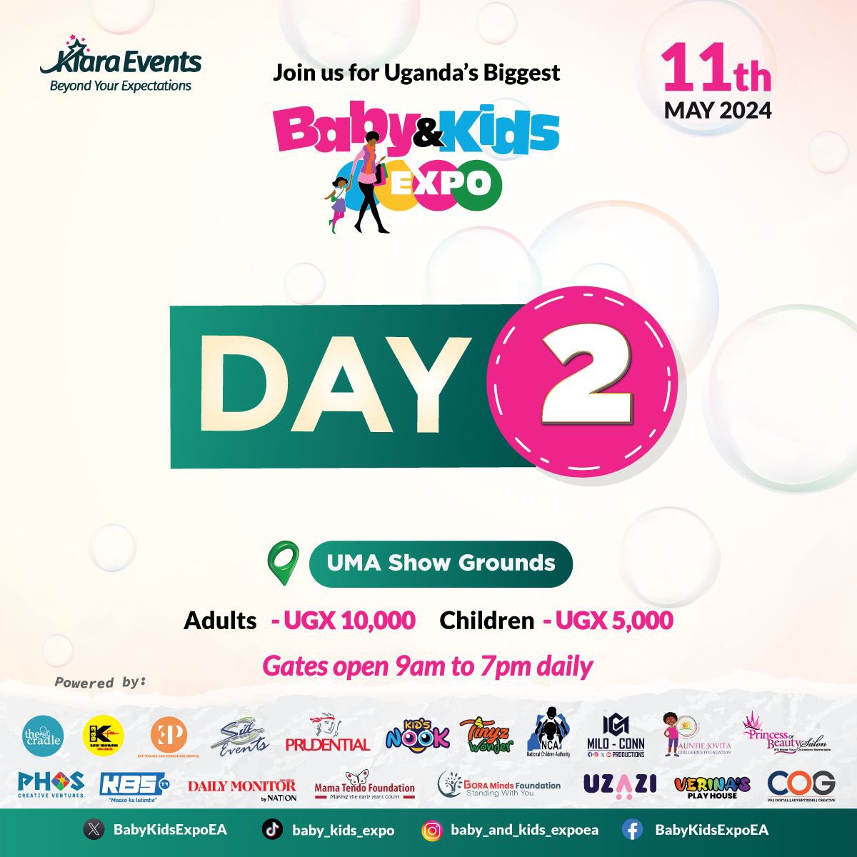 Join us for Day 2 of the #BabyandKidsExpo24! 
Bring your children for a day packed with fun, learning, entertainment, shopping, games, painting and much more.

Gates open from 9:00 am to 7:00 pm. Entrance fee: Adults - UGX 10,000, Children - UGX 5,000.

#KiaraEvents