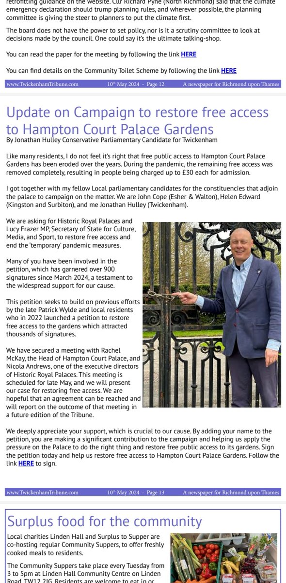 Please sign the petition to restore free public access to Hampton Court Palace Gardens. I am meeting Palace officials soon so please add your name to this campaign and help me strengthen the case.