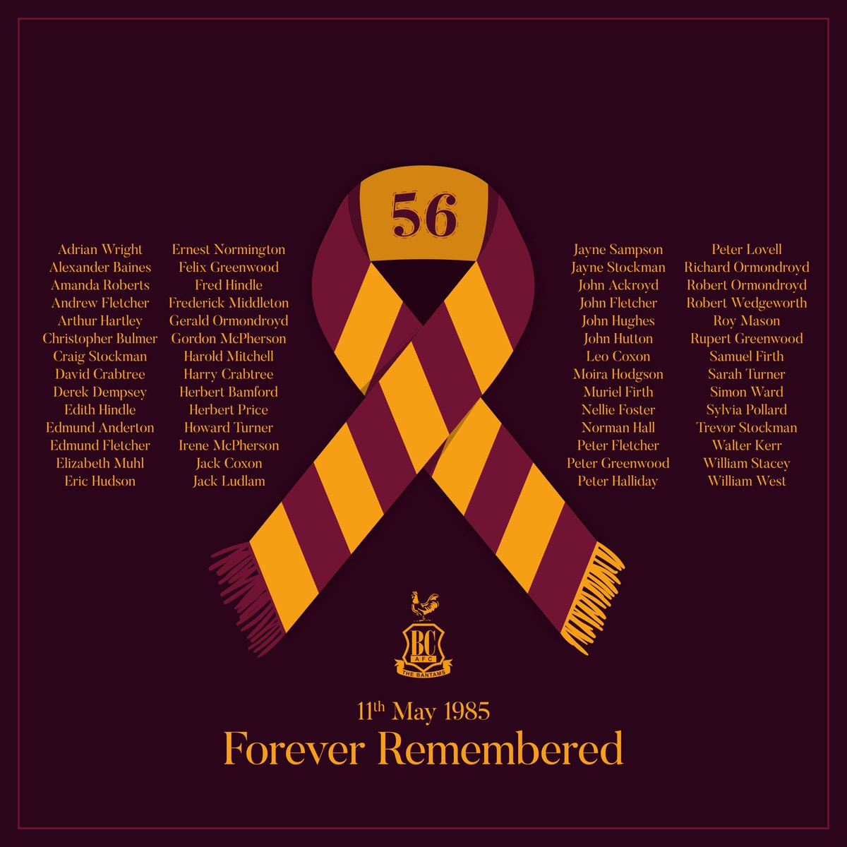 Like so many since they turned up to watch their team be crowned champions and celebrate promotion. Their lives ended so tragically in the most horrific of circumstances. RIP the 56 victims of the Bradford fire. Always remembered. Everyone should go home from a football match.