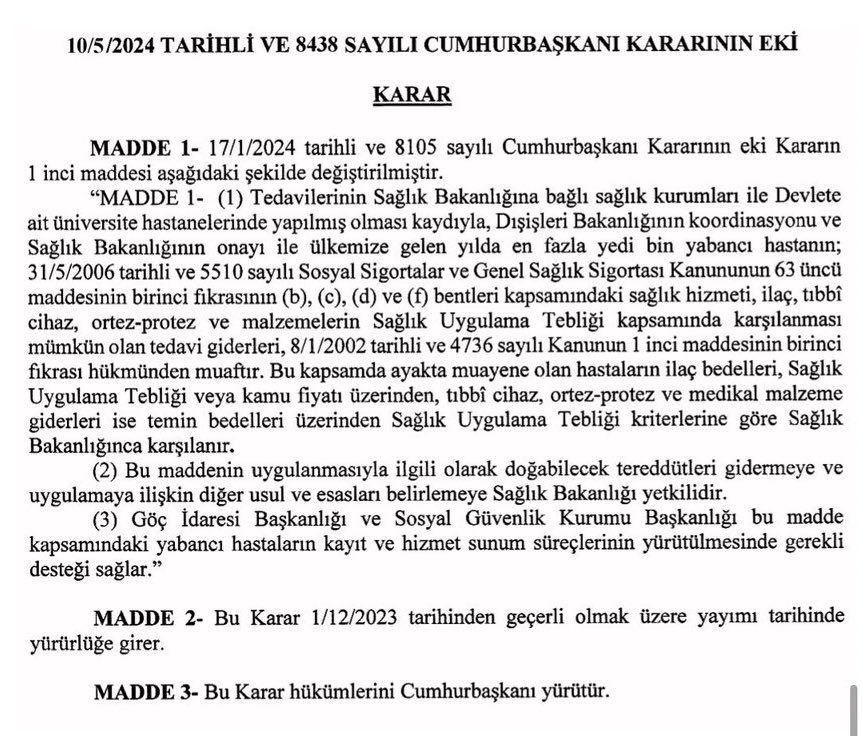 ➡️ Türk vatandaşlarına, Türkiye’ye gelen yabancı uyruklu hastaların sağlık hizmeti, ilaç, tıbbi cihaz, protez ve diğer malzemelerinin masraflarını -üstelik 6 ay geriye dönük- ödeme zorunluluğu getirildi. Sen eşşek olmaya razıysan semer vuran çok olur.