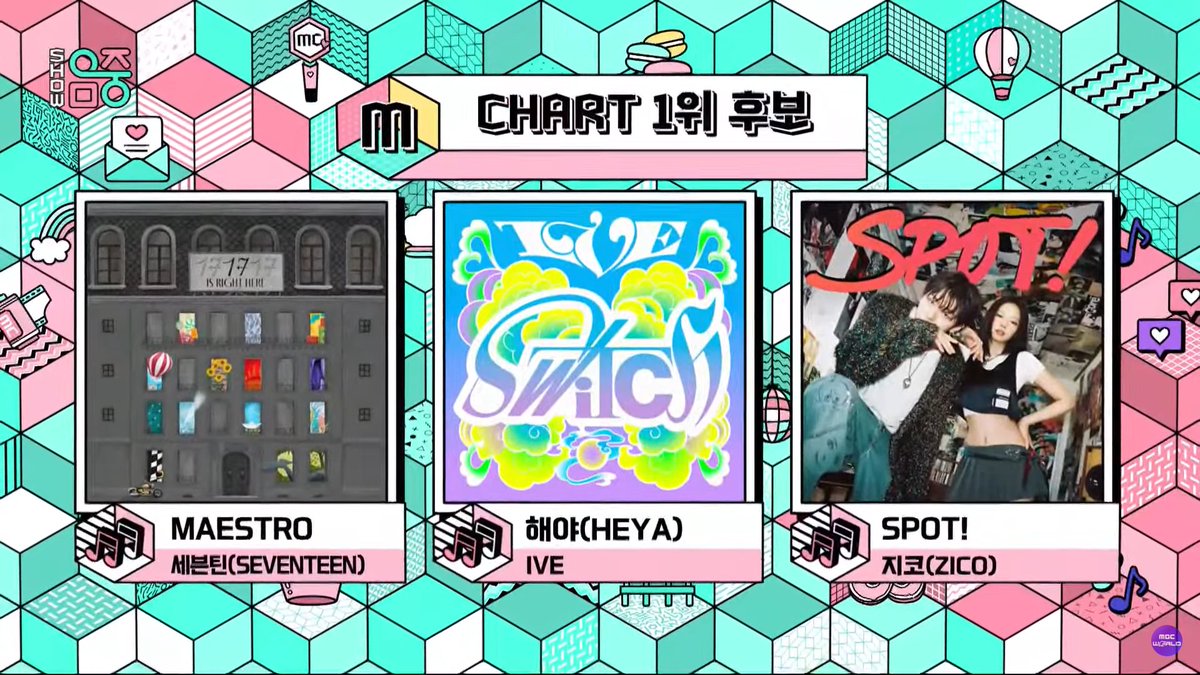 🔥MUSIC CORE TOP 3🔥 EP: 854 5/10 #SEVENTEEN - MAESTRO #IVE - HEYA #ZICO - SPOT! (ft. #JENNIE) Good luck to the nominees!🍀 Vote on Mubeat