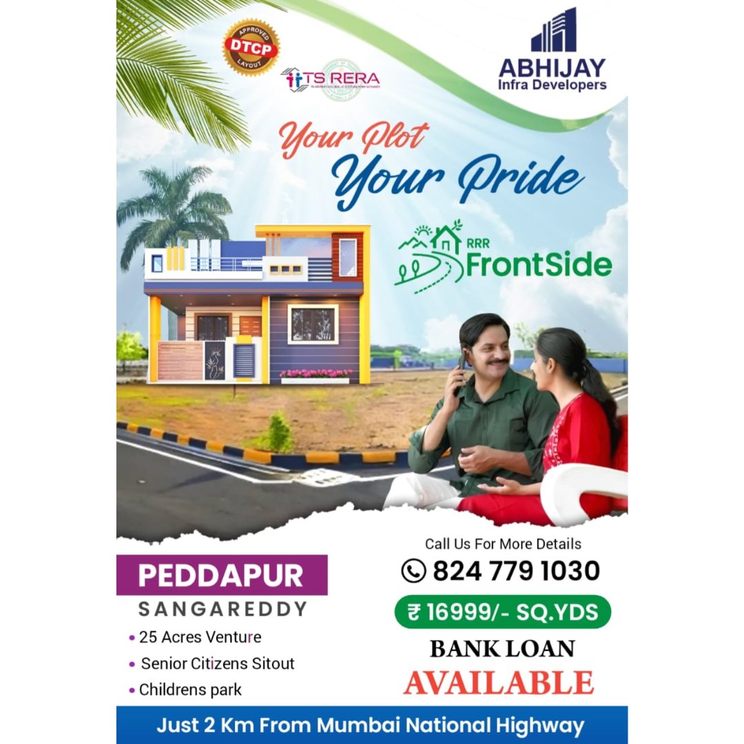 Abhijay Infra Developers invites you to discover the enchanting DTCP Layout nestled in Peddapur, Sangareddy. 
📞 Call @ 824 779 1030.

#DreamHomeGoals #RealEstateMagic #InvestInLuxury #AbhijayInfraDreams #SangareddySerenade #PeddapurPlots #TSRERAApproved #DTCPDelight