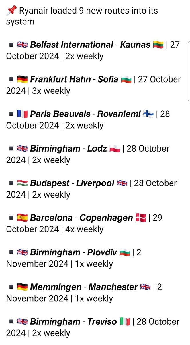 #Ryanair loaded 9 new routes into its system. ▪️Belfast int'l-Kaunas ▪️Hahn-Sofia ▪️Beauvais-Rovaniemi ▪️Birmingham-Lodz ▪️Budapest-Liverpool ▪️Barcelona-Copenhagen ▪️Birmingham-Plovdiv ▪️Memmingen-Manchester ▪️Birmingham-Treviso Source: @SeanM1997 | @Hello_BHX 📷 ©Ryanair