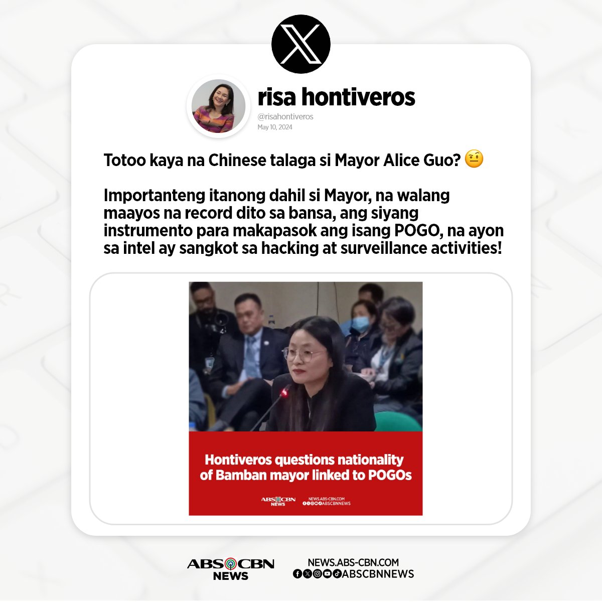 Matapos ang Senate hearing sa pagkakakilanlan ni Bamban Mayor Alice Guo, napag-alaman nina Sen. Risa Hontiveros at Sen. Sherwin Gatchalian na hindi alam ni Guo kung saan siya ipinanganak.

Kaugnay na ulat: abscbn.news/4adai75