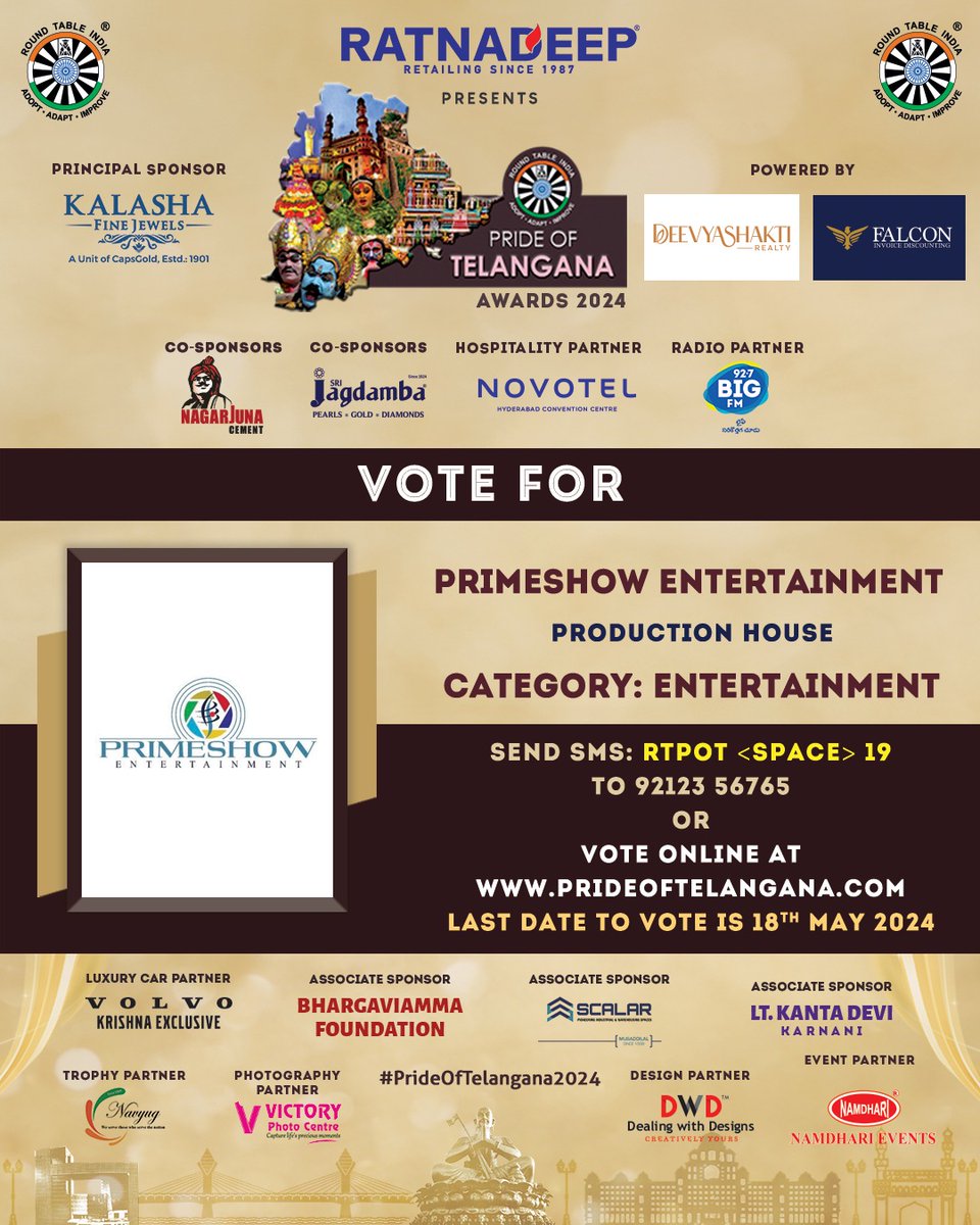 We're incredibly grateful to be nominated for the 'Pride of Telangana Awards 2024” in the Entertainment category ❤️‍🔥 We look forward to have all your support in this and it means the world to us 🤗 To Vote for #PrimeshowEntertainment Click on the below link 👇🏻 -…