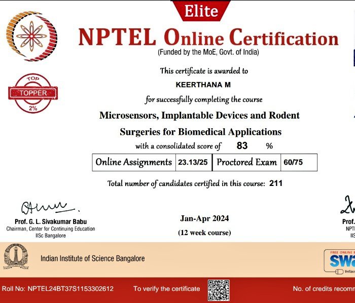 I'm very excited to share that I have successfully completed the course Microsensors, Implantable Devices and Rodent Surgeries for Biomedical Applications and managed to secure the top 2% position among the candidates!
Really good course for all interested in neuroscience #nptel