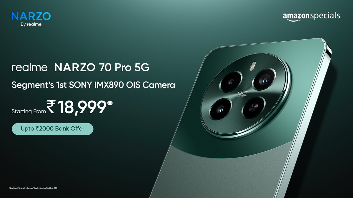Upgrade your photography game with the incredible #realmeNARZO70Pro5G! 📸✨ Unleash the power of the segment’s 1st Sony IMX890 camera starting at just ₹18,999* with upto ₹2,000 off on Bank Offers! *T&C Apply Buy Now On: @amazonIN: amzn.to/43OYDdf…