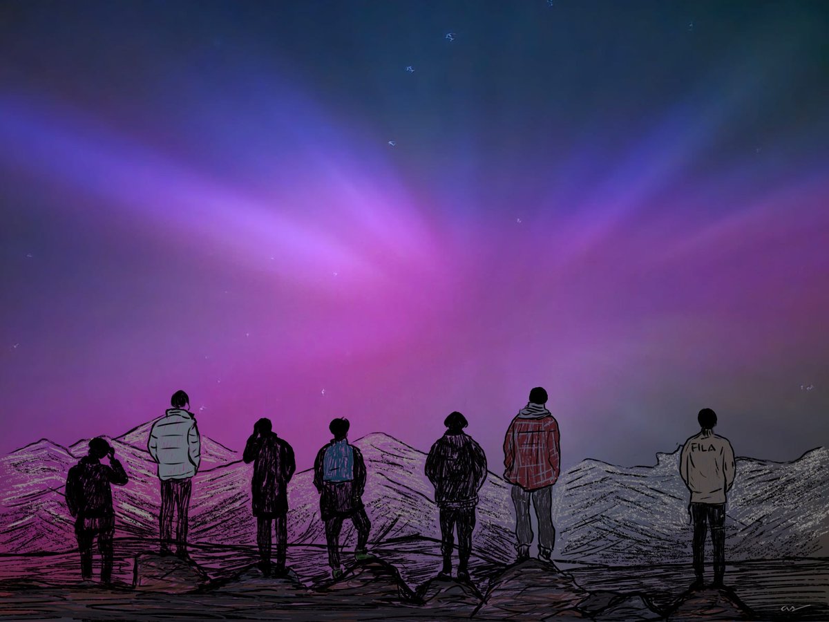 Here, I sketched them. Hoping for tae's wish for watching aurora with members come true✨️