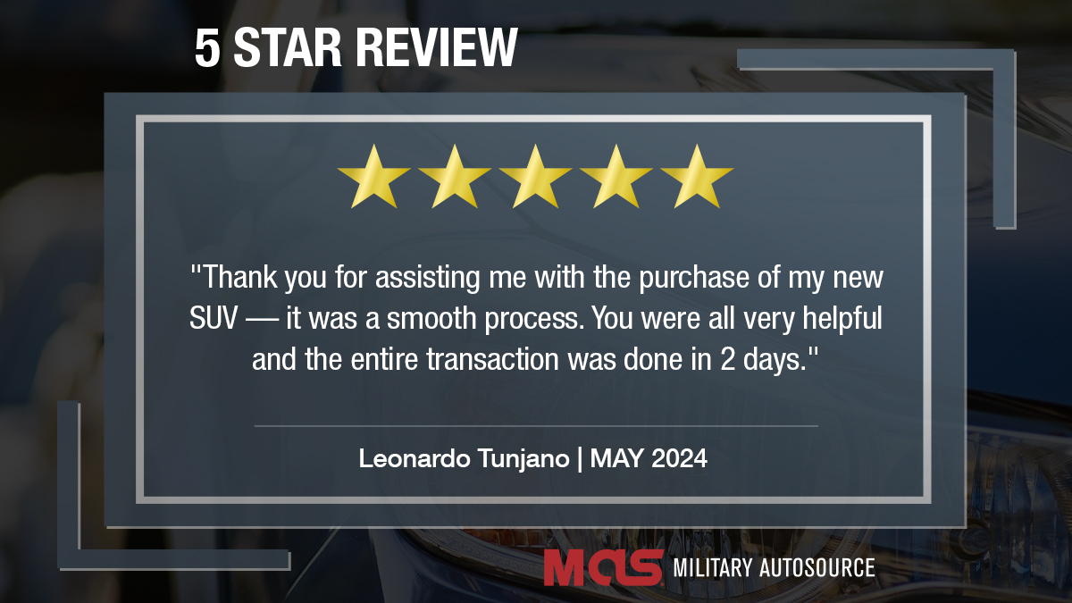 Thank you, Leonardo Tunjano, for your business and your positive review. We value your business and recognize all you have done and will continue to do for our country.

#customersuccess #customerjourney #militaryautosource #MAS #militarycars #militarylife