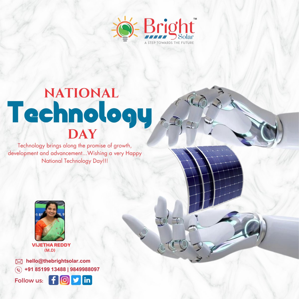 📷 Happy National Technology Day from Bright Solar Systems!
#NationalTechnologyDay #SolarPower #BrightFuture #BrightSolarSolutions #GoSolar #BrightSolar #AffordableSolar #SolarSolutions #solarcompany #solarpannels #solarproducts #solarpanelprice #solargenerator #solarwaterheater