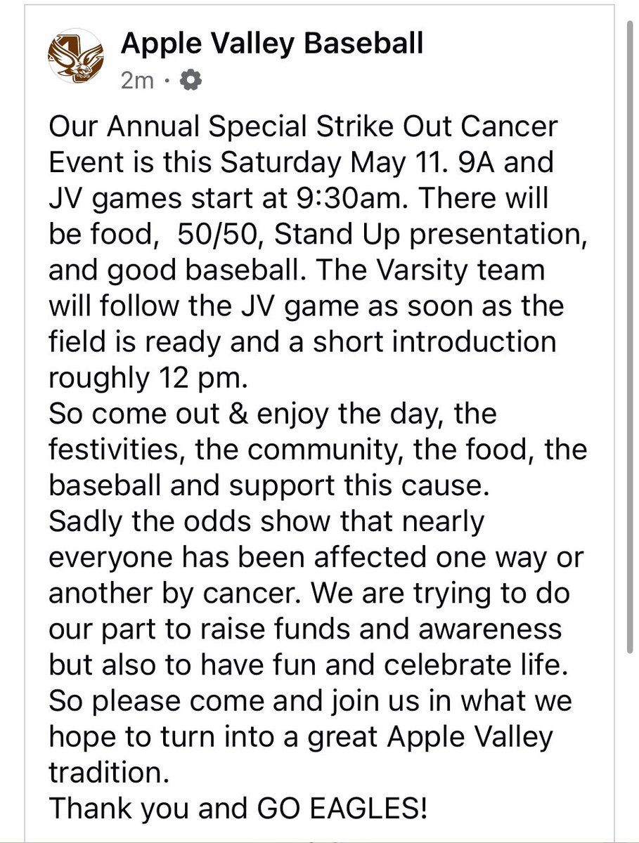 2nd Annual Apple Valley Baseball Strike Out Cancer Today! @AVBASEBALL v. @dosriosbaseball 9A and JV @ 9:30 Varsity @ 12:00 All proceeds to @K_outcancer @RSCRCF . A PERFECT day to come out to see some baseball and support a worthy cause!!