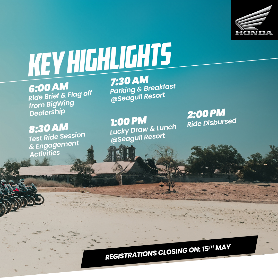 Gear up for the exhilarating Group Ride of #TrueAdventureCamp on May 26th.

Join us at Venom Moto Park, Mumbai, for an epic weekend filled with high-octane action, fun, and more. 

#HondaBigWing #Adventure #GroupRide #Mumbai #BigBikes #BigWingIndia