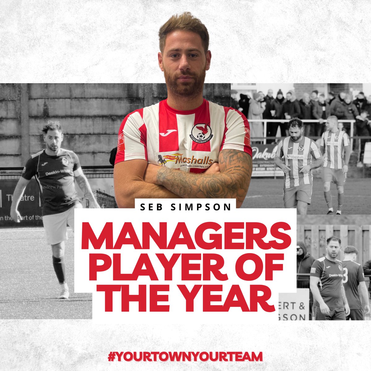 𝙈𝘼𝙉𝘼𝙂𝙀𝙍𝙎 𝙋𝙇𝘼𝙔𝙀𝙍 𝙊𝙁 𝙏𝙃𝙀 𝙔𝙀𝘼𝙍 🏆 Last night @seb_simpson won Managers Player of the Year 👏 Seb has been ever present on our squad this season with excellent performances and always consistent 🫡 Can’t forget that rocket at Boldmere 🚀 #YourTownYourTeam