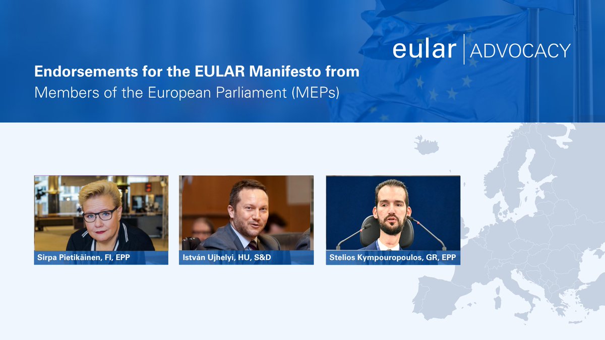 🌟We would like to extend our heartfelt gratitude to the esteemed MEPs who have endorsed the EULAR Manifesto.

🌏Your unwavering support signifies a shared dedication to advancing rheumatology in Europe.

@Kympouropoulos
@istvan_ujhelyi
@spietikainen

#eularADVOCACY #euRMDplan