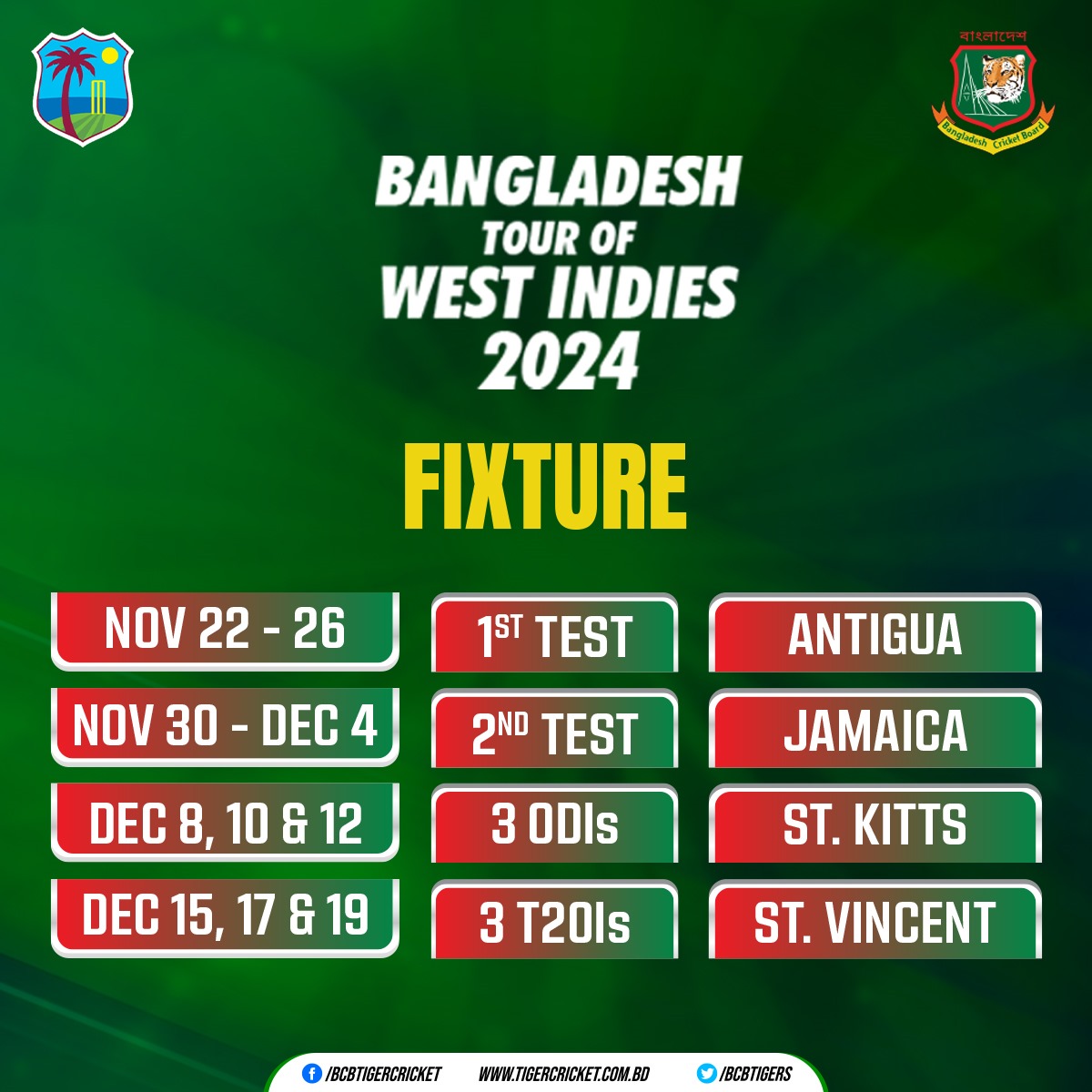 Fixture | Bangladesh Tour of West Indies 2024 #BCB #Cricket #BDCricket #Bangladesh #BANvsWI