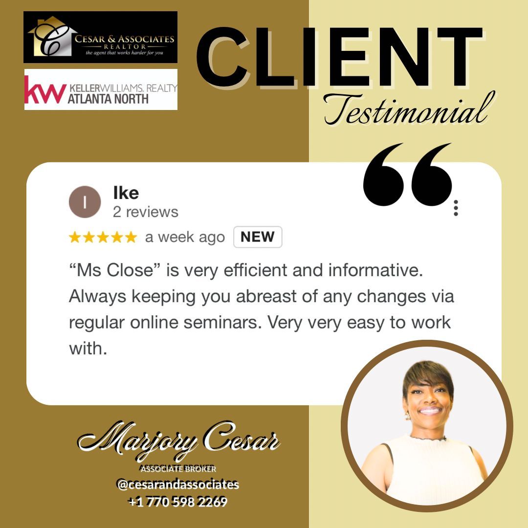 Thank you Ike for your kind words!
Our team is committed to providing personalized attention and guidance in your real estate journey with us. We are happy to help! 💗 #testimony #testimonial #review #positive #feedback #reviews #atlantarealtor #marjorycesar #cesarandassociates