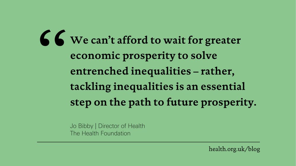Tackling #HealthInequalities is necessary for greater prosperity, writes @JoBibbyTHF in her latest blog. Reflecting on our latest #HealthIn2040 findings, Jo suggests that as hard-hitting as these are, there's good reason to feel hopeful. Read now 👇 health.org.uk/news-and-comme…