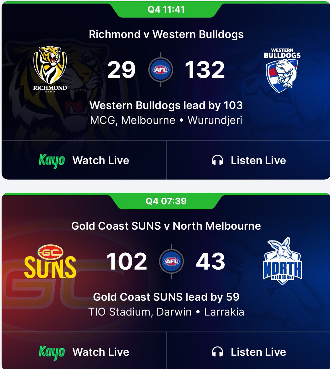 Whoever fixtured these teams on a Saturday night needs to be fired

#AFLTigersDogs #AFLSunsNorth