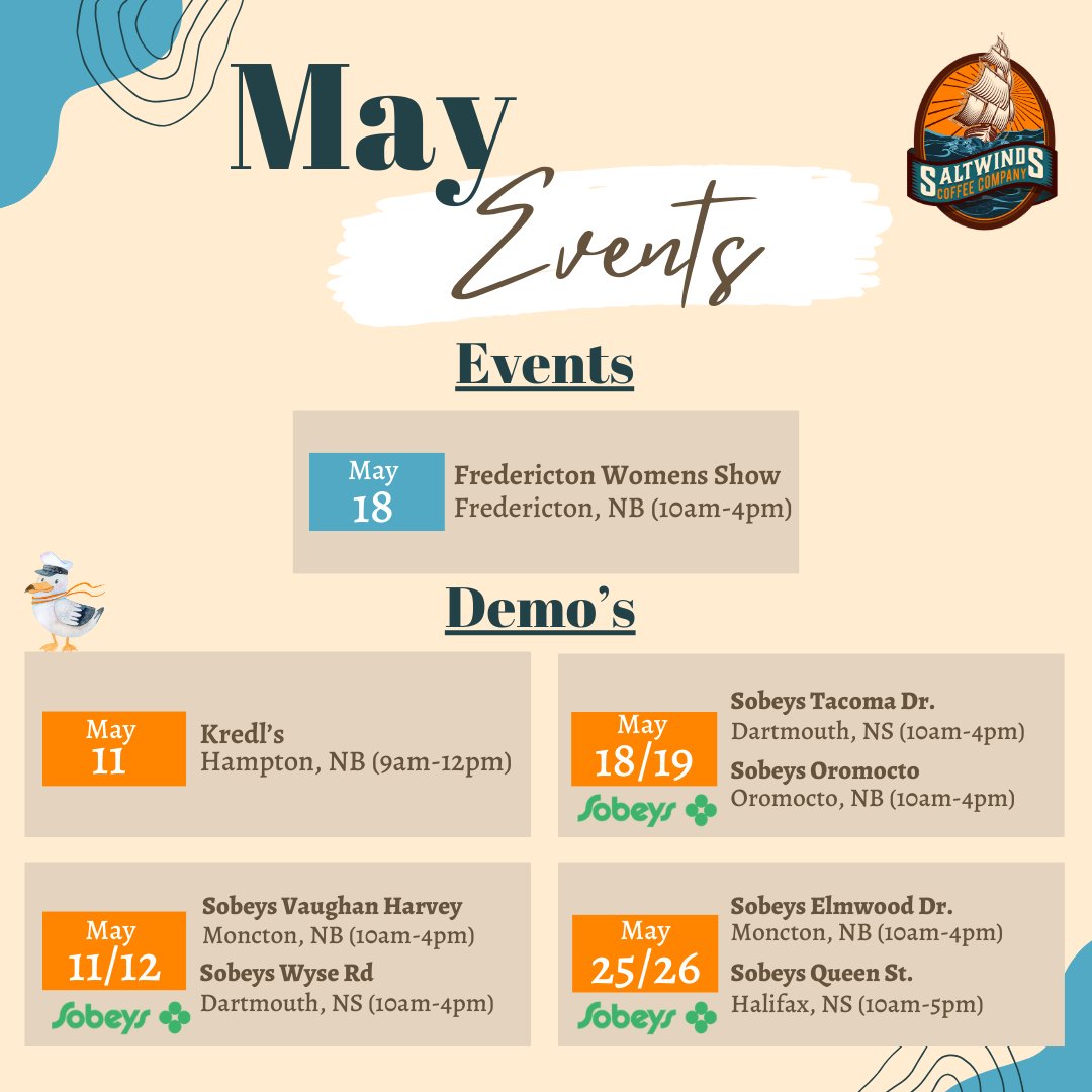 ☕ Join us this month for a delightful lineup of events and demos. Be sure to stop by and pick up some of the finest coffee from Saltwinds!! ⚓ #Monctonnb #halifax #dartmouth #fredericton #LocalCoffee