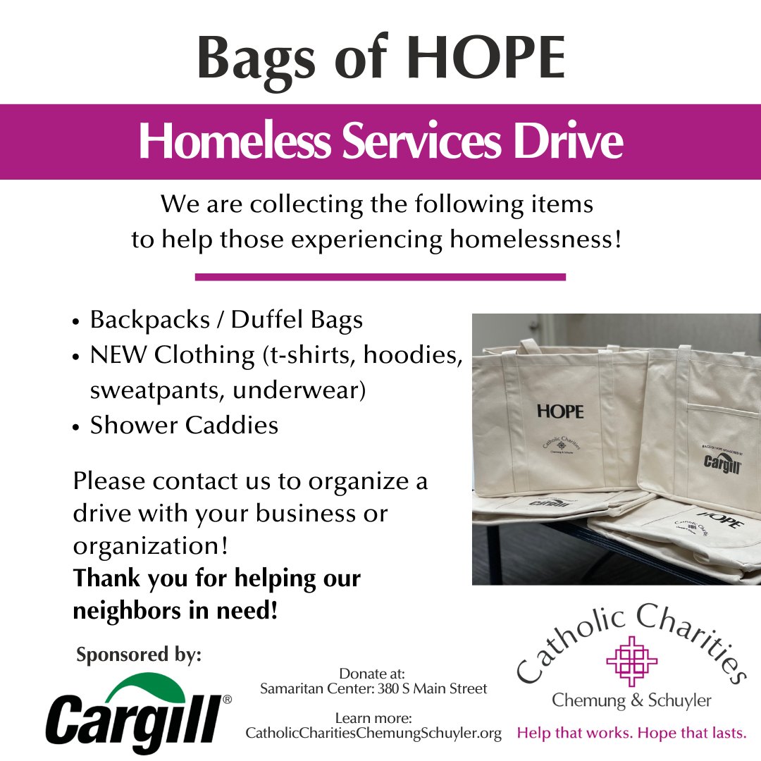 Contact us if your business, church, club, or organization would like to host a Bags of HOPE Drive. We provide the large tote bags for your collection and can set up a drive that works for you! More information is on our website here: catholiccharitiescs.org/give-help/ways…