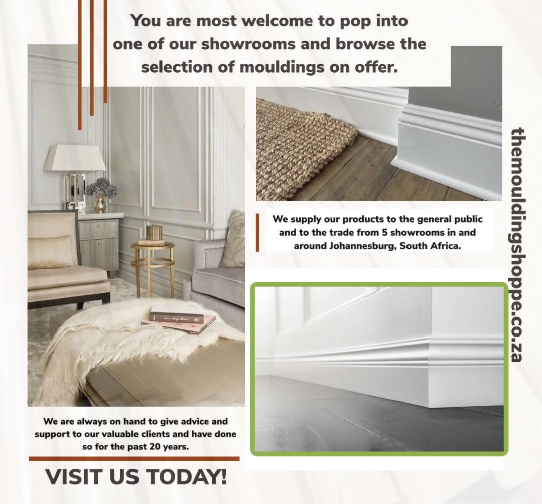#ThemouldingShoppe #Moulding #HomeDecorIdeas #Manufacturer #HomeImprovement #JoziBusinesses #20YearsExperience #DIY #Renovating #SupplyToTheTradeAndPublic #SupportLocal #ARCHITRAVES, #CORNICE, #DADORAILS, #HANDRAILS #SKIRTINGS LIKE & SHARE THIS PAGE! Contact us today!