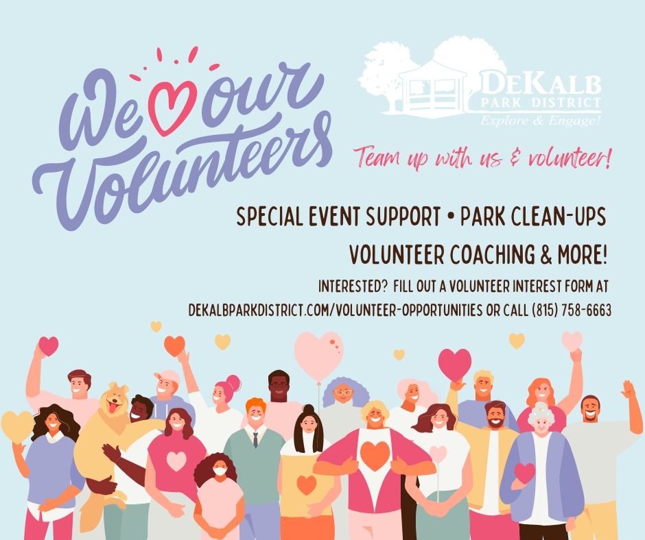 Hey, DeKalb County! The Park District needs YOU to help make our community even better. From coaching to events, there's a way for everyone to get involved. Fill out the Volunteer Interest Form and join us! 💜 #VolunteerOpportunities #DeKalbParkDistrict #CommunityInvolvement'